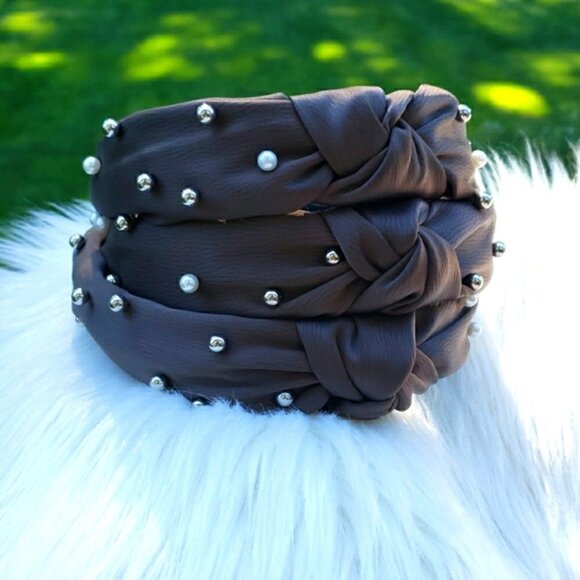 Beaded Pearl Knot Headband in Olive Green - Picture 1 of 4